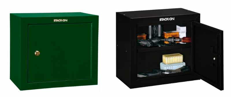 stack-on steel pistol safe or cabinet in black and green