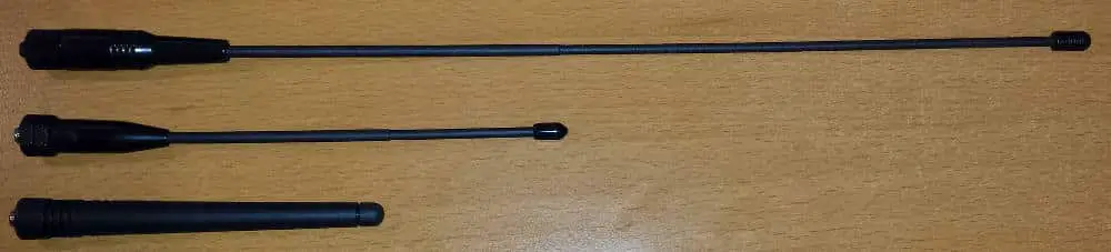 Top: ExpertPower 14.5" Dual Band Antenna; Middle: ExpertPower 7.5" Dual Band Antenna; Bottom: Stock Baofeng 5" Antenna