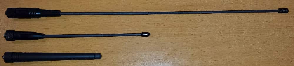 Top: ExpertPower 14.5" Dual Band Antenna; Middle: ExpertPower 7.5" Dual Band Antenna; Bottom: Stock Baofeng 5" Antenna