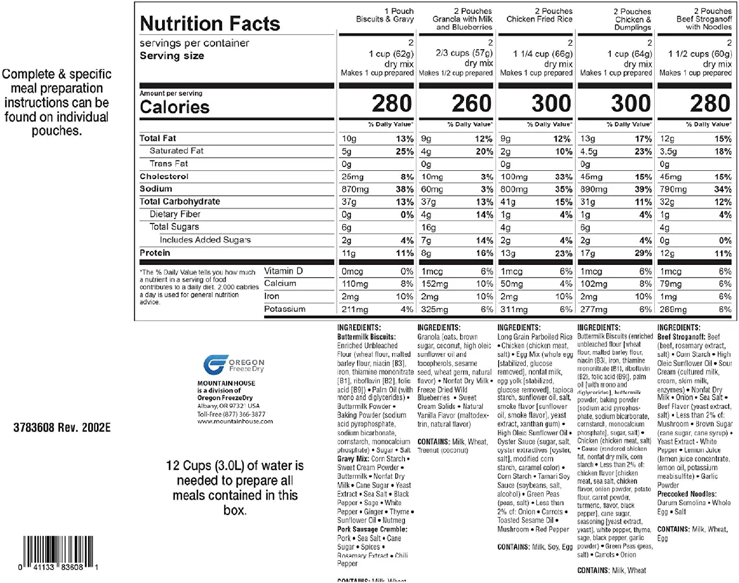 MRE Food Supply Nutrition Label